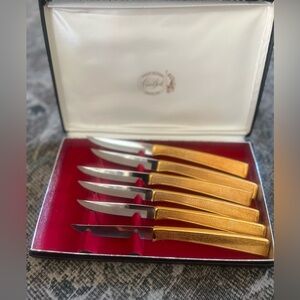 Vintage Carvel Hall 24K Gold Handel set of 6 steak knives